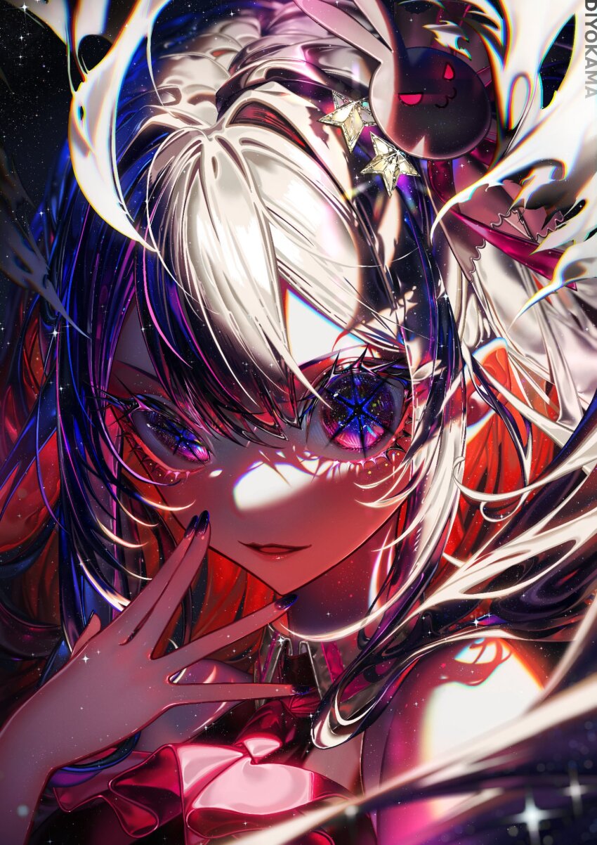 1girl artist_name ascot bare_shoulders blurry blurry_foreground blush chromatic_aberration collared_dress commentary diyokama dress floating_hair hair_between_eyes hair_ornament hair_ribbon hand_on_own_face hand_to_own_mouth highres hoshino_ai idol idol_clothes light_particles long_hair looking_at_viewer open_mouth oshi_no_ko parted_lips pink_ascot pink_dress pink_ribbon purple_eyes purple_hair rabbit_hair_ornament ribbon shadow sleeveless sleeveless_dress smile solo sparkle star_(symbol) star_hair_ornament symbol-only_commentary upper_body