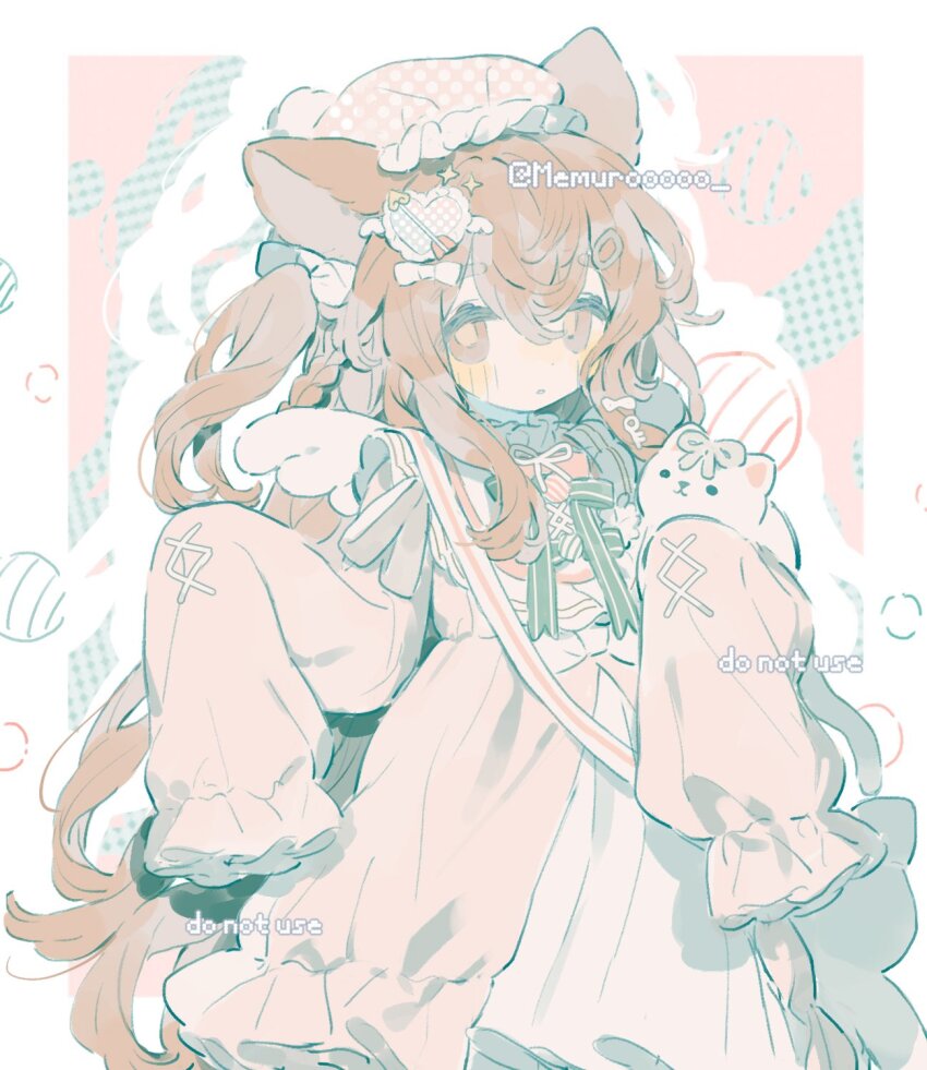 1girl animal_ears bow braid brown_eyes brown_hair detached_wings dress food-themed_hair_ornament frills hair_between_eyes hair_ornament hairclip hat highres long_hair long_sleeves memuro original pastel_colors puffy_sleeves sample_watermark sleeves_past_fingers sleeves_past_wrists very_long_hair watermark wings