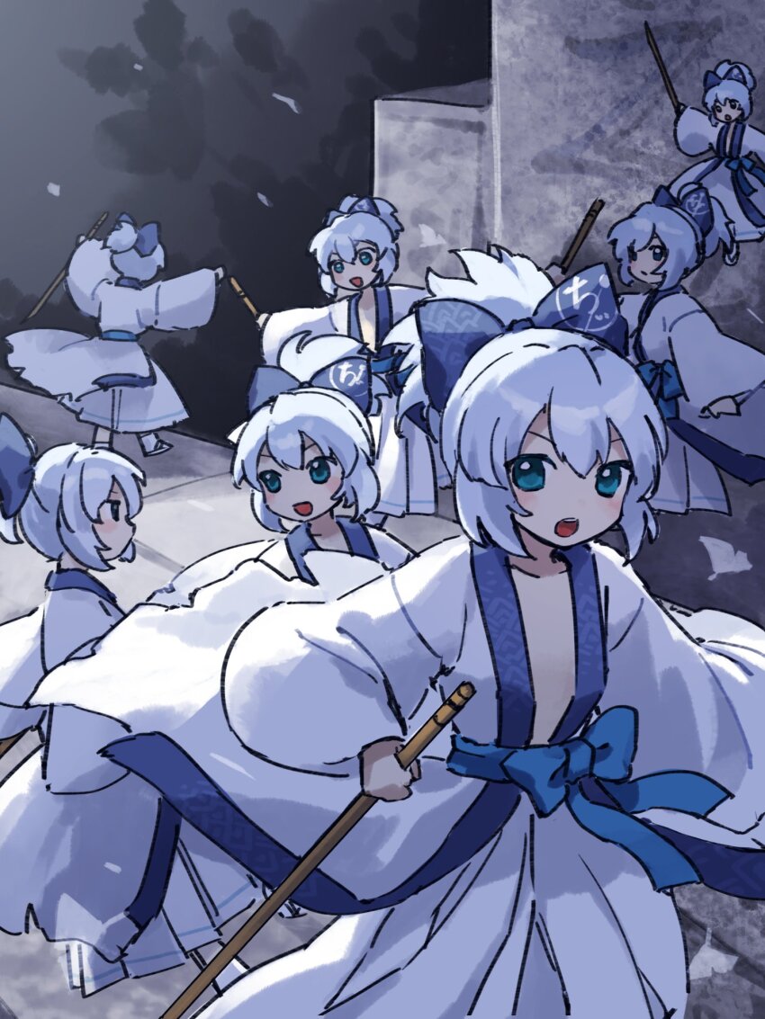 6+girls blue_bow blue_eyes blue_hair bow cirno clone hair_bow highres hollow_song_of_birds japanese_clothes kaigen_1025 kimono long_sleeves looking_at_another looking_at_viewer multiple_girls open_mouth outstretched_arms short_hair sketch sleeves_past_fingers sleeves_past_wrists touhou white_kimono