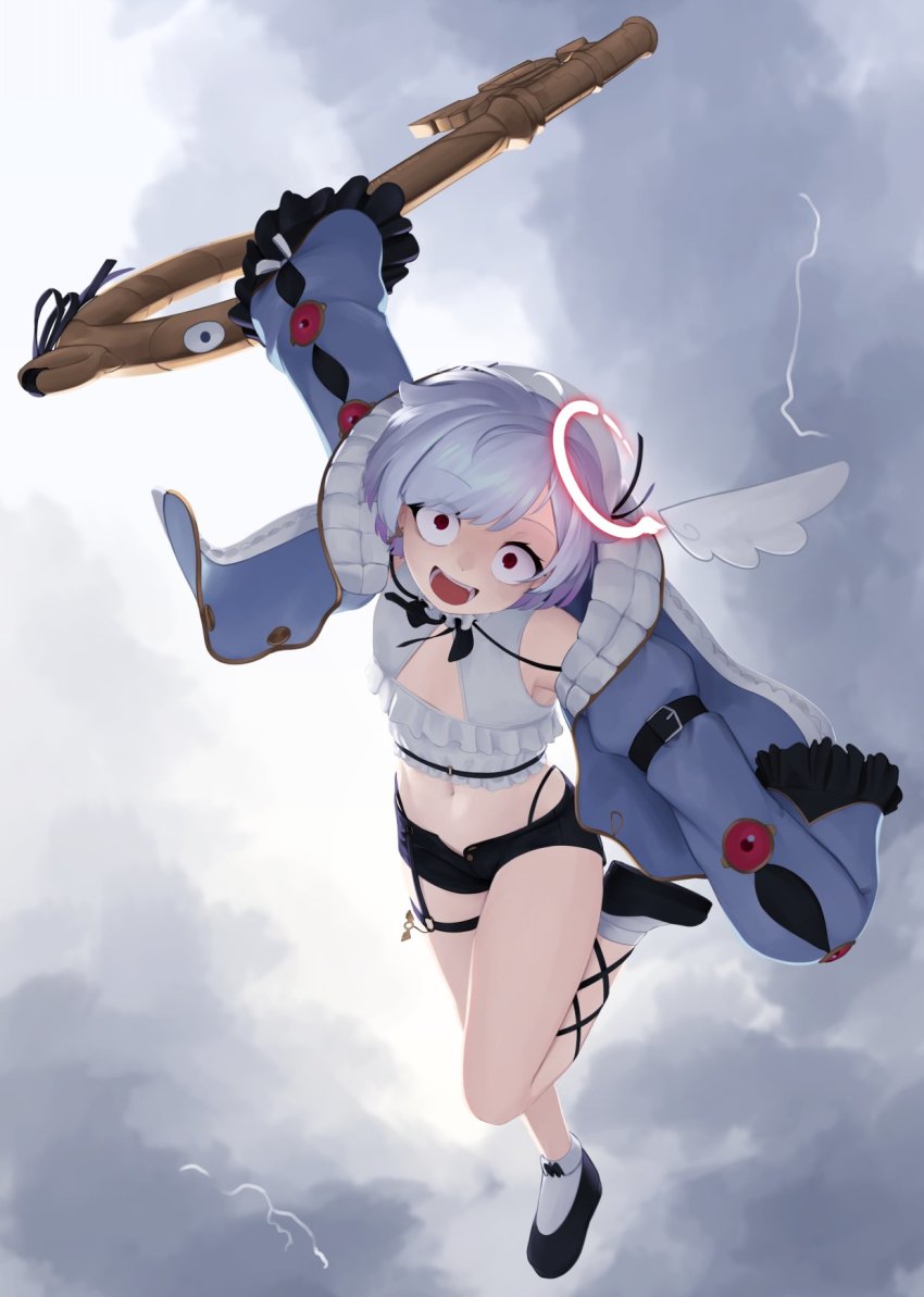 1girl :d amemiya_nazuna amemiya_nazuna_(1st_costume) angel_wings black_shoes black_shorts cloud cloudy_sky commentary constricted_pupils crazy_eyes english_commentary false_smile flat_chest frilled_sleeves frills full_body grey_hair halo highres imminent_hit jacket lightning long_sleeves looking_at_viewer midriff navel open_mouth red_eyes shoes short_hair short_shorts shorts single_wing sky sleeves_past_wrists smile socks solo thigh_strap virtual_youtuber vshojo white_socks wings yoako