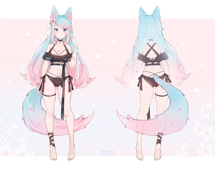 1girl animal_ear_fluff animal_ears barefoot bikini black_bikini black_choker blue_eyes blue_hair breasts choker commentary english_commentary frilled_bikini frills gradient_hair gradient_tail highres indie_virtual_youtuber large_breasts looking_at_viewer multicolored_hair off_shoulder official_art pink_hair sidelocks silvervale silvervale_(summer) smile solo swimsuit tail thigh_strap virtual_youtuber white_background wolf_ears wolf_girl wolf_tail yenkoes