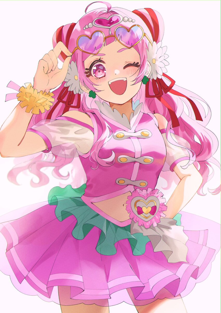 1girl back_bow bow clover_earrings cone_hair_bun cure_yell eyewear_on_head eyewear_on_headwear flower four-leaf_clover_earrings hair_bun hair_flower hair_ornament hair_ribbon heart heart-shaped_eyewear heart_hair_ornament heart_pouch highres hugtto!_precure layered_skirt long_hair looking_at_viewer magical_girl muginome_(bakuga_chan2) navel nono_hana open_mouth pink-tinted_eyewear pink_eyes pink_hair pink_shirt precure ribbon shirt short_bangs skirt sunglasses thick_eyelashes tinted_eyewear waist_brooch