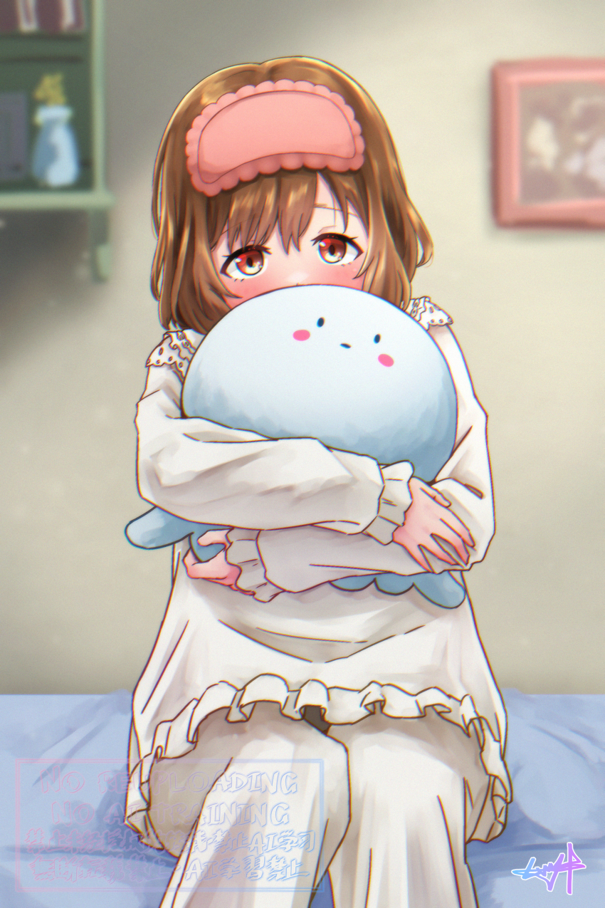 1girl absurdres blush brown_hair commentary english_commentary frilled_shirt frills highres hugging_object indoors kouzuki_mahiru long_sleeves looking_at_viewer mutsuki_(mutsuki0110) pajamas pants red_eyes shirt signature sitting sleep_mask solo stuffed_jellyfish white_pants white_shirt yoru_no_kurage_wa_oyogenai