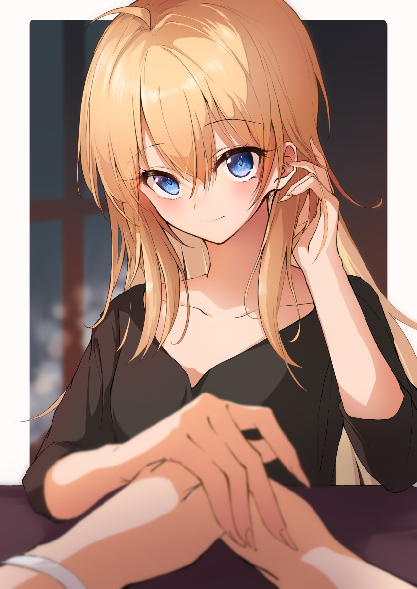 2girls absurdres black_shirt blonde_hair blue_eyes blurry blurry_background bracelet collarbone female_pov framed hair_between_eyes hand_in_own_hair highres holding_hands jewelry kootee-on long_hair looking_at_viewer multiple_girls new_game! pov shirt smile tooyama_rin yagami_kou