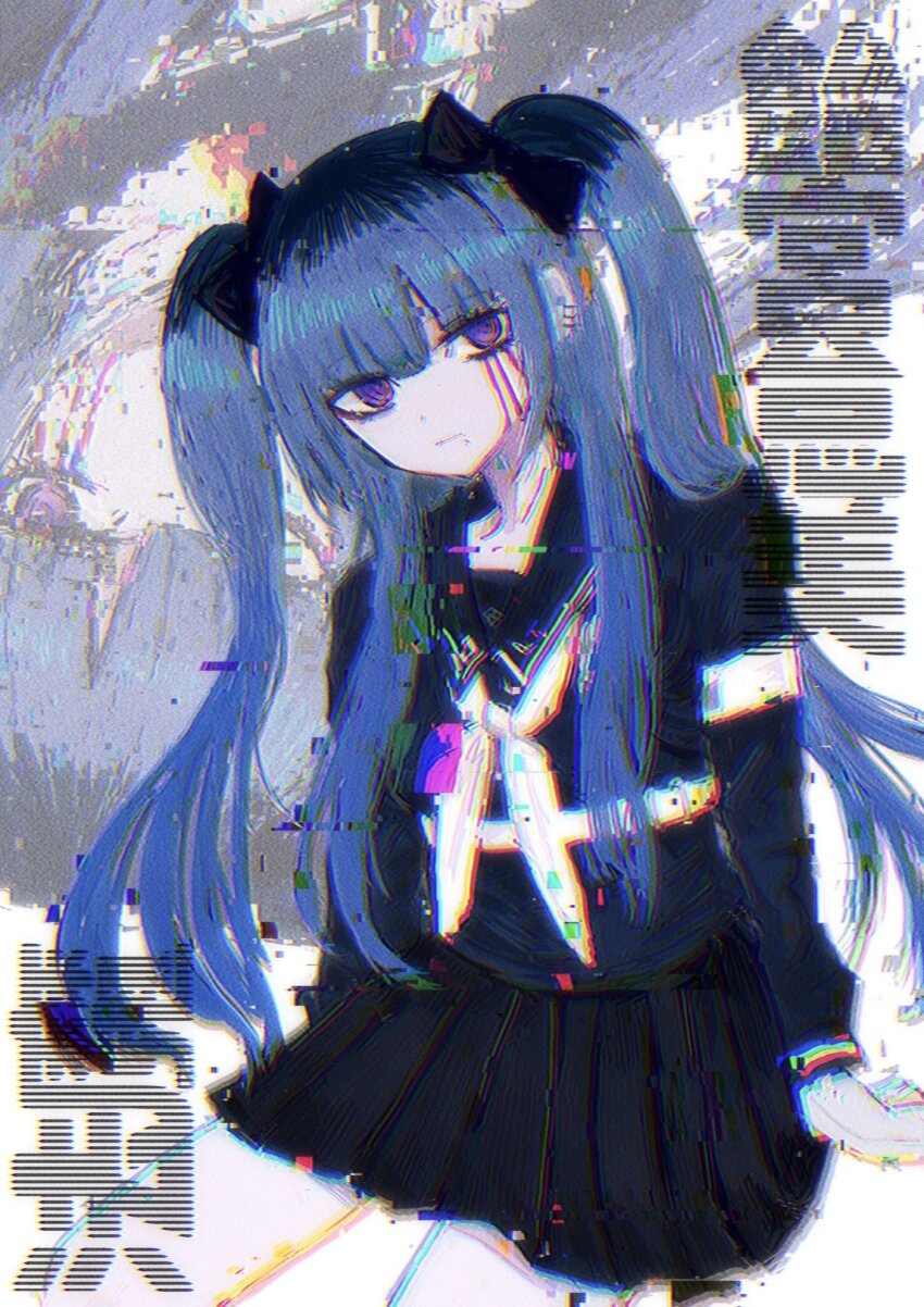 1girl amemiya_darumi armband black_bow black_hair black_shirt black_skirt blood bloody_tears blue_hair bow ear_piercing highres last_defense_academy_school_uniform long_sleeves looking_at_viewer multicolored_hair piercing pink_eyes pleated_skirt shirt skirt solo the_hundred_line_-last_defense_academy- twintails