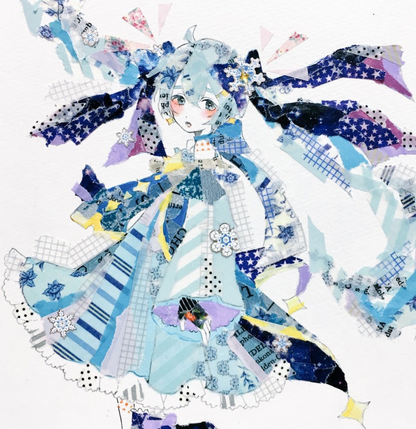 1girl :o abstract ahoge aqua_eyes black_gloves black_ribbon blue_cape blue_dress blue_hair blue_ribbon blue_scarf blue_sleeves blush cape commentary cowboy_shot detached_sleeves dot_nose dress earrings fingerless_gloves floating_hair frilled_dress frills from_side gloves hair_between_eyes hair_ornament hair_ribbon hairclip hatsune_miku highres jewelry long_sleeves looking_at_viewer masking_tape_(medium) mixed_media open_mouth pamutaro ribbon scarf sidelocks single_bare_shoulder snowflakes solo star_(symbol) star_earrings traditional_media twintails unconventional_media vocaloid white_background wide_sleeves yuki_miku yuki_miku_(2017)