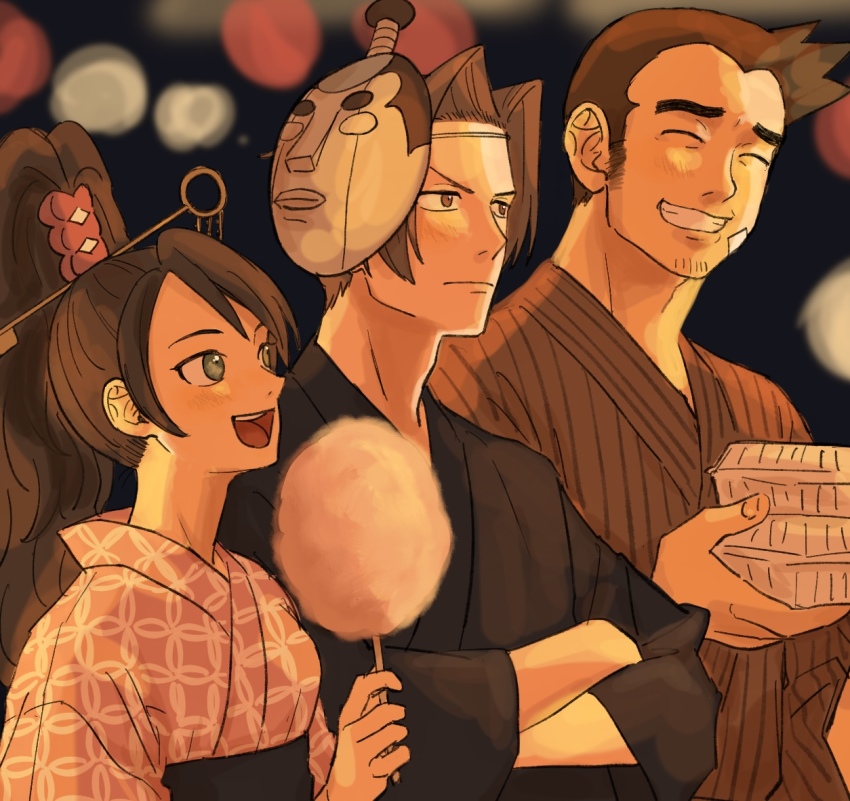 :d ace_attorney ace_attorney_investigations cotton_candy dick_gumshoe facial_hair festival food grin holding holding_cotton_candy holding_food japanese_clothes kay_faraday key_hair_ornament miles_edgeworth open_mouth ponytail renshu_usodayo smile steel_samurai stubble