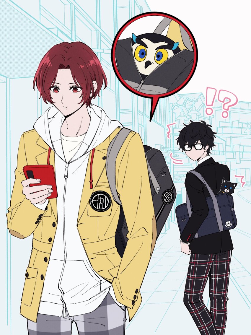 amamiya_ren bag bird black_hair cat glasses highres hood hoodie ikuya_kawaii jacket joker_(persona_5) kamishiro_nagisa lufel_(owl)_(p5x) lufel_(p5x) messy_hair morgana_(persona_5) owl pants persona persona_5 persona_5:_the_phantom_x phone red_eyes red_hair school_bag school_uniform wonder_(p5x)