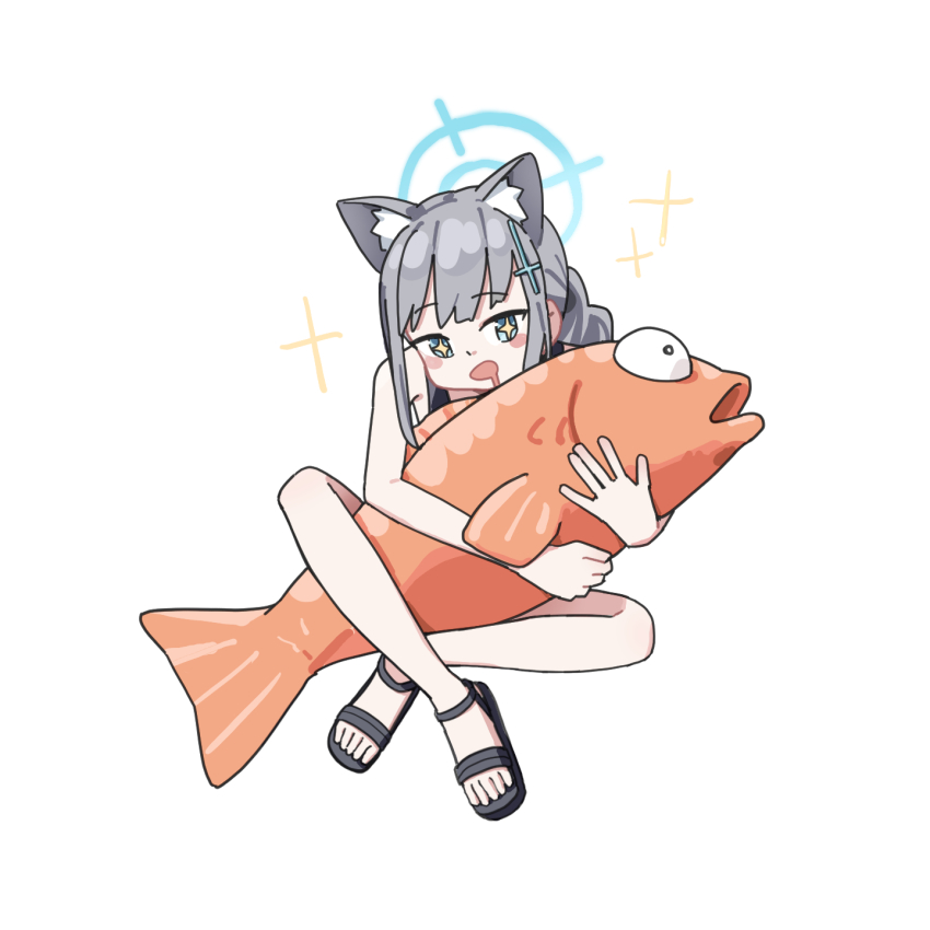 +_+ 1girl adon_(dufaladanidu) animal animal_ear_fluff animal_ears blue_archive blue_halo blush_stickers cross_hair_ornament drooling fish grey_hair hair_ornament halo highres holding holding_animal holding_fish long_hair mouth_drool open_mouth sandals shiroko_(blue_archive) shiroko_(swimsuit)_(blue_archive) simple_background sitting smile solo white_background wolf_ears