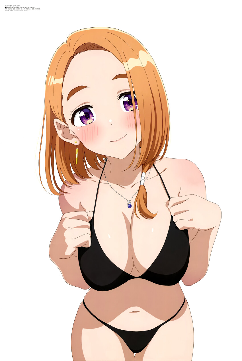 1girl absurdres bare_shoulders bent_over bikini black_bikini blush breasts cleavage closed_mouth collarbone earrings hanging_breasts highres jewelry large_breasts leaning_forward looking_at_viewer magazine_scan medium_hair megami_magazine midriff navel necklace official_art orange_hair purple_eyes scan shiunji-ke_no_kodomotachi shiunji_banri simple_background smile solo stud_earrings swimsuit thick_eyebrows thighs white_background