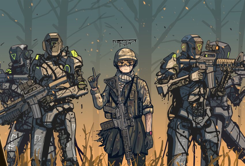1girl 4others ammunition_pouch assault_rifle black_halo blue_archive bulletproof_vest finger_gun gloves goggles grenade_launcher gun halo helmet highres holding holding_weapon humanoid_robot kaiser_pmc_mercenary_(blue_archive) kaiser_pmc_robot_mercenary_(blue_archive) m203 m4_carbine military_uniform multiple_others optical_sight parabellum pouch rifle robot tactical_clothes triangle_halo underbarrel_grenade_launcher weapon