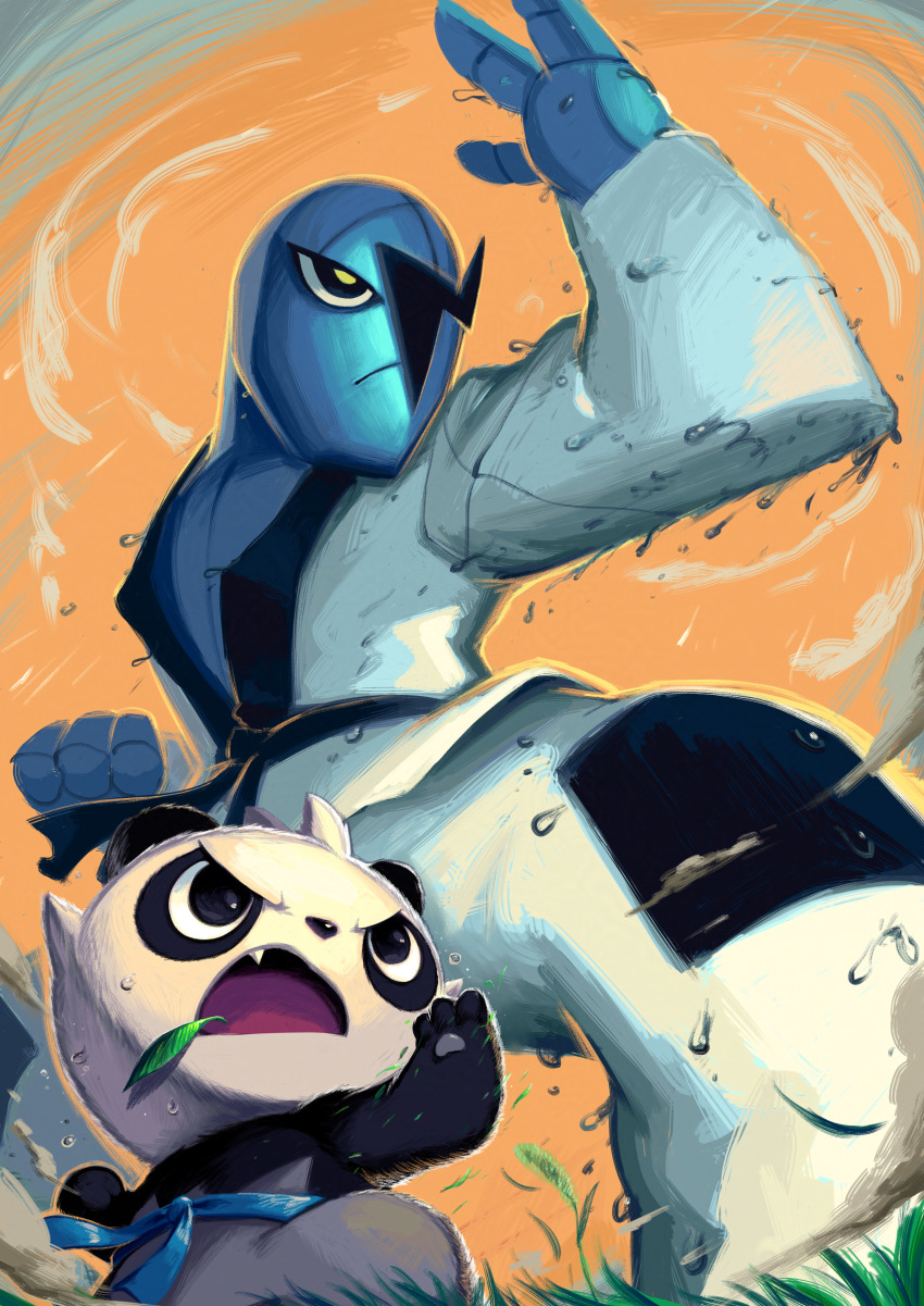 absurdres black_eyes closed_mouth commentary fang fighting_stance from_below frown gen_5_pokemon gen_6_pokemon highres leaf nintendo open_mouth orange_background pancham pokemon pokemon_(creature) pokemon_focus powerandy sawk squatting sweat