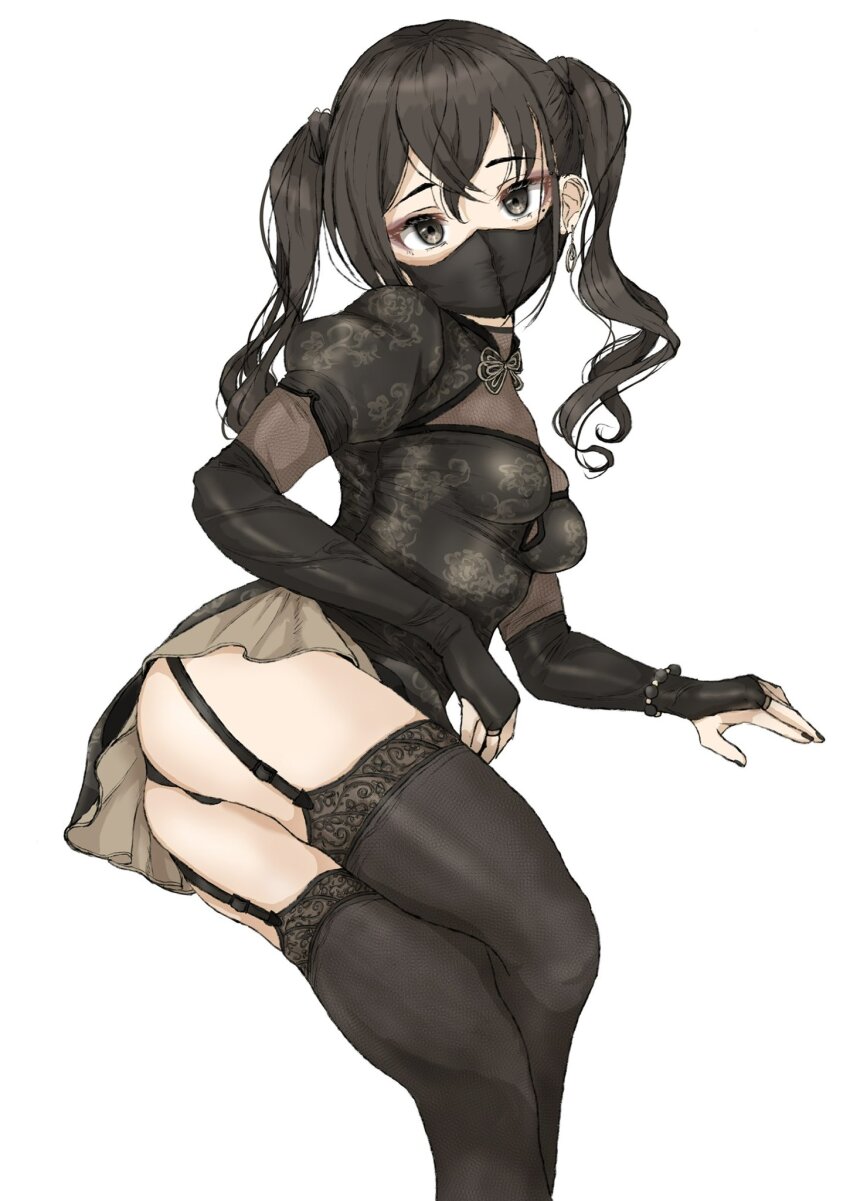 1girl black_hair black_mask black_panties china_dress chinese_clothes choker curly_hair dress earrings fingerless_gloves garter_belt garter_straps gatsby_ssl gloves hazel_eyes highres idolmaster idolmaster_cinderella_girls jewelry looking_at_viewer mask miniskirt mouth_mask nail_polish non-web_source panties skirt solo sunazuka_akira thighhighs twintails underwear white_background