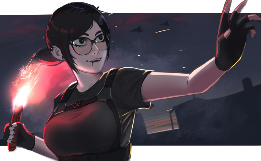 1girl black-framed_eyewear black_eyes black_gloves black_hair black_nails breasts ear_piercing earrings face_piercing fingerless_gloves flare glasses gloves highres holding house jewelry large_breasts lip_piercing lip_ring looking_ahead original piercing ponytail rosen_(veyonis) solo upper_body veyonis