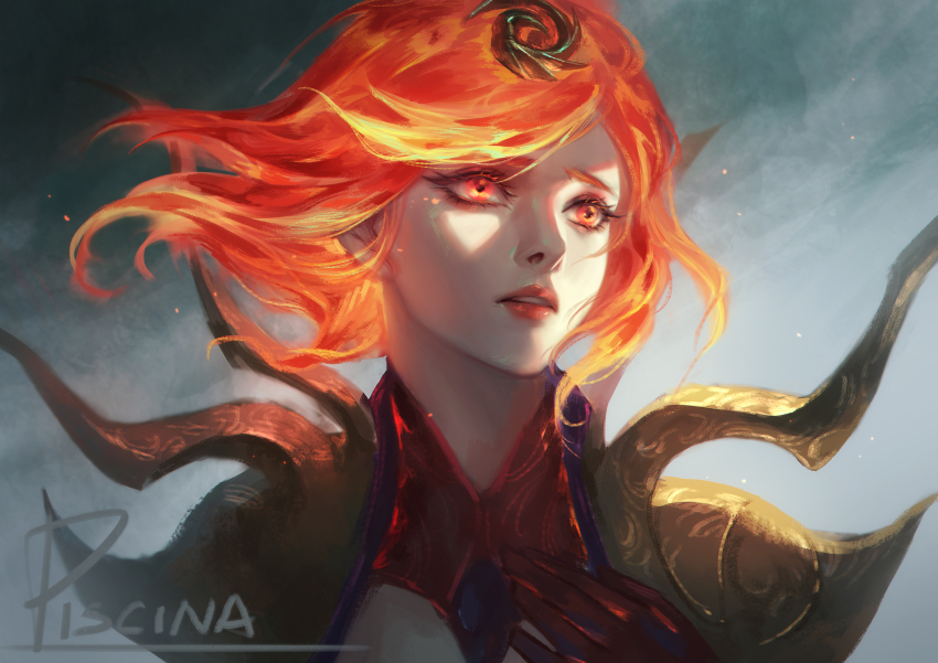 1girl absurdres artist_name elementalist_lux grey_background hair_ornament highres league_of_legends lipstick looking_at_viewer lux_(league_of_legends) makeup official_alternate_costume orange_hair piscina red_eyes red_hair solo upper_body