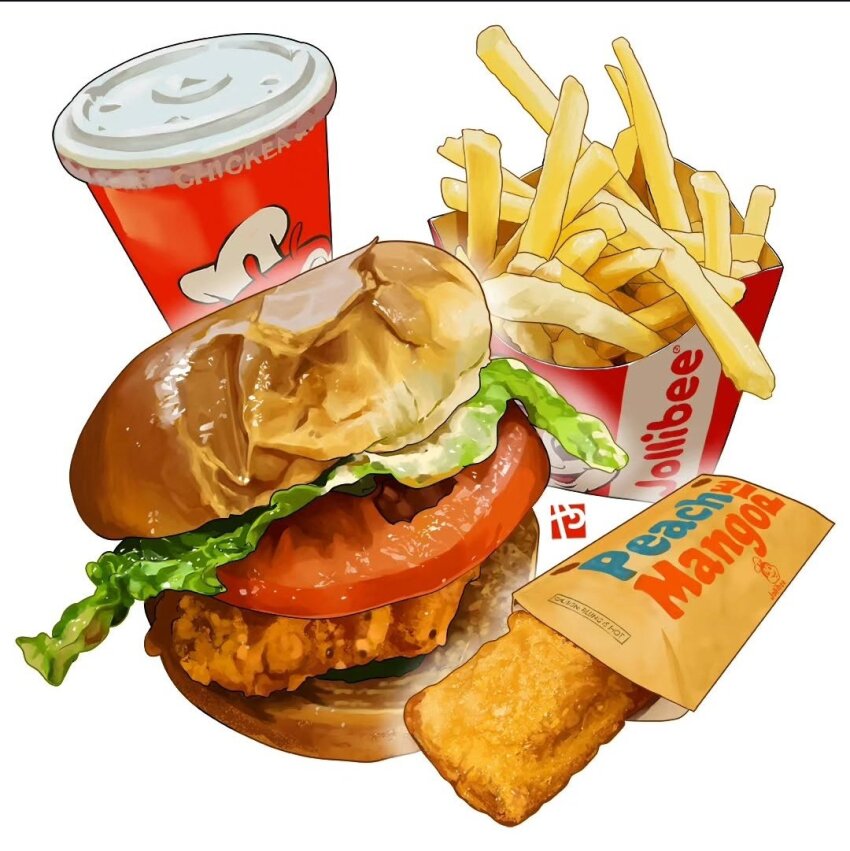 bread bread_bun burger chicken_(food) commentary cup disposable_cup english_commentary fast_food food food_focus french_fries jollibee lettuce no_humans pie simple_background studiolg tomato tomato_slice white_background