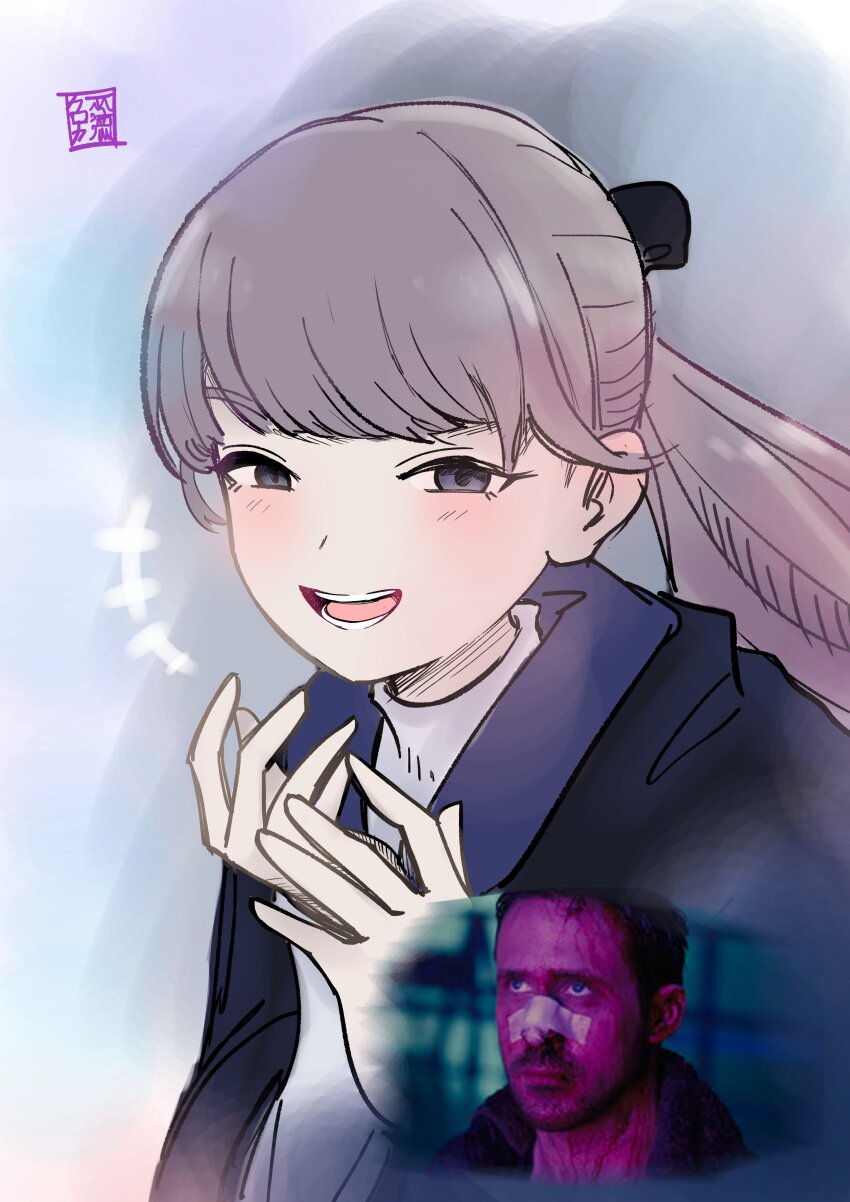 +++ 1boy 1girl absurdres bandage_on_nose black_ribbon blade_runner_2049 blush brown_hair goslingposting_(meme) hands_up highres k_(blade_runner_2049) lapwing_(vrchat) laughing looking_at_viewer maskurouka meme open_mouth purple_eyes ribbon ryan_gosling seal_impression teeth vrchat you_look_lonely_(meme)
