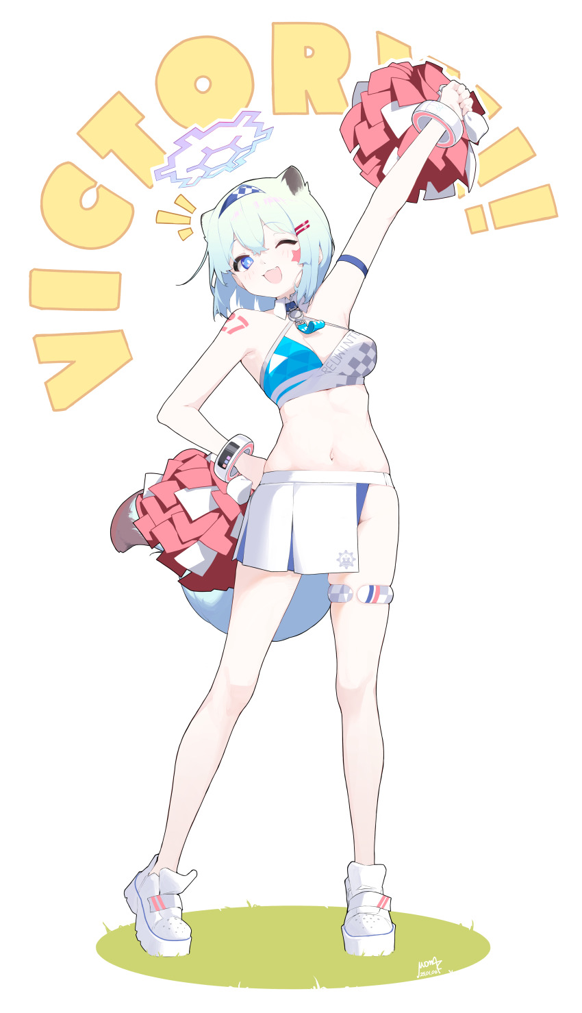 1girl absurdres alternate_costume animal_ears aqua_hair arm_strap arm_up blue_archive blue_eyes blue_halo breasts bright_pupils cheerleader cleavage full_body half-skirt halo hand_on_own_hip highres holding holding_pom_poms looking_at_viewer medium_breasts midriff millennium_cheerleader_outfit_(blue_archive) mona_kkkk navel one_eye_closed open_mouth pom_pom_(cheerleading) pom_poms shigure_(blue_archive) short_hair simple_background skirt smile solo standing star_sticker sticker_on_face tail thighs weasel_ears weasel_girl weasel_tail white_background white_footwear white_pupils white_skirt