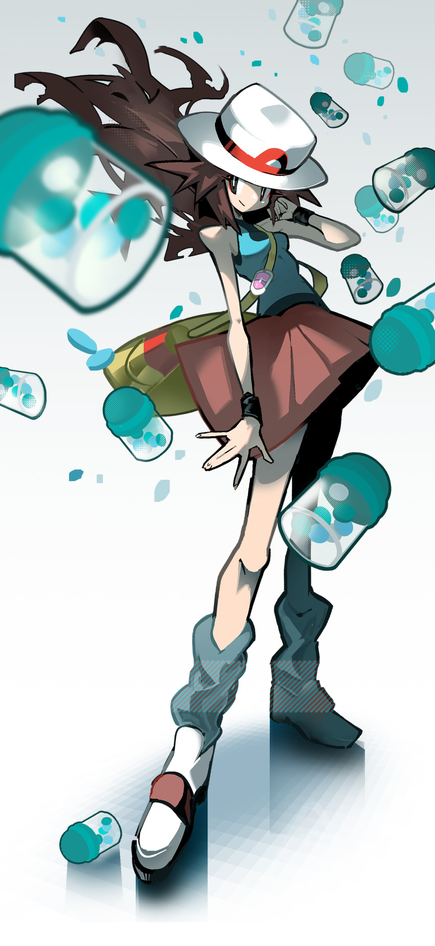 1girl absurdres bag brown_eyes brown_hair closed_mouth hat highres leaf_(pokemon) long_hair looking_at_viewer loose_socks nintendo pokemon pokemon_frlg pokemon_tcg pokemon_tcg_pocket red_skirt shakeeeeeeeee shirt skirt sleeveless sleeveless_shirt smile socks vs_seeker wristband x_speed yellow_bag