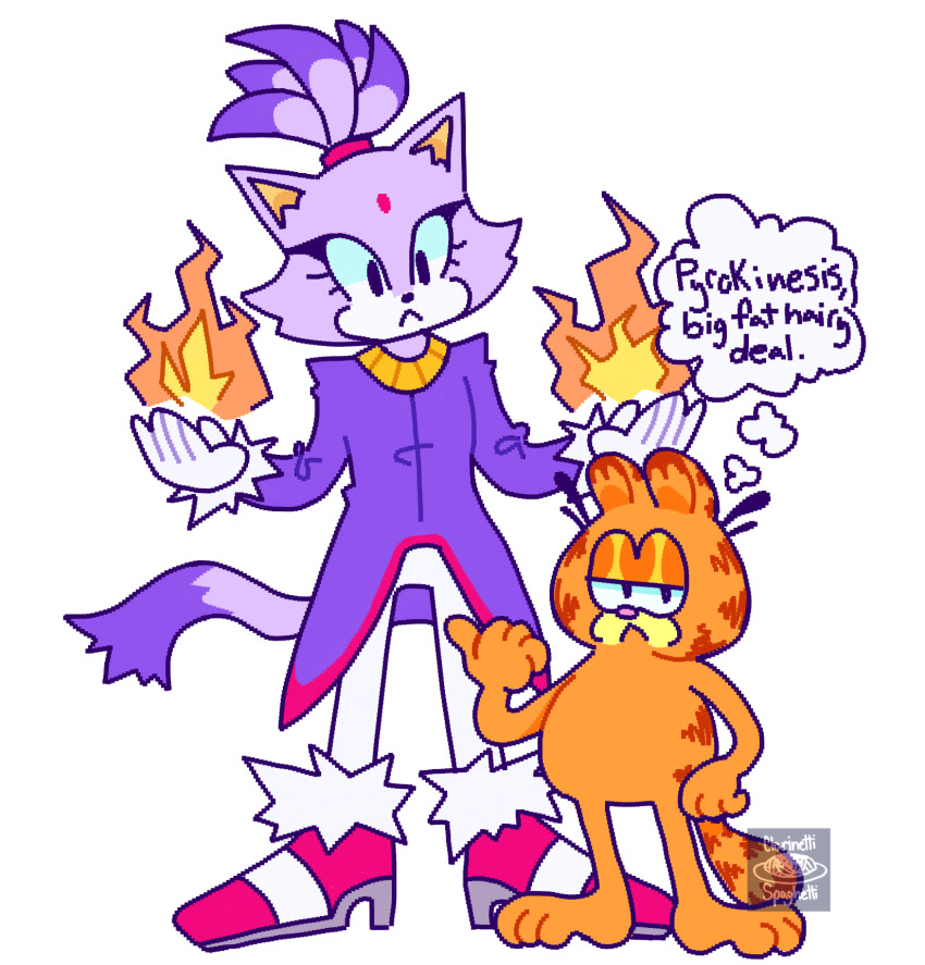 1boy 1girl bad_tag blaze_the_cat clarinettispaghetti commentary crossover english_commentary english_text fire furry garfield garfield_(character) gloves hand_on_own_hip high_heels highres looking_at_another looking_at_viewer orange_fur pointing pointing_at_another purple_fur pyrokinesis sega shoes signature simple_background sonic_(series) sonic_rush speech_bubble
