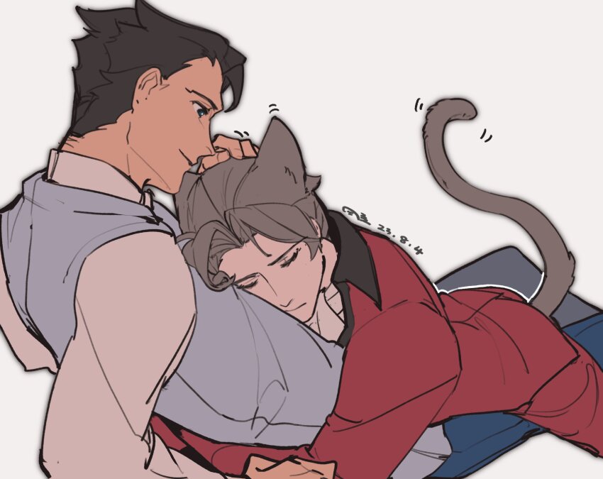 2boys a_yue_huaite ace_attorney animal_ears arms_around_waist ascot blue_pants blue_vest brown_hair cat_boy cat_ears cat_tail closed_eyes closed_mouth collared_shirt commentary curtained_hair formal_clothes grey_hair hand_on_another&#039;s_head highres hug jacket kemonomimi_mode leaning leaning_back long_sleeves looking_at_another lying lying_on_person male_focus miles_edgeworth motion_lines multiple_boys pants phoenix_wright red_jacket red_pants red_suit shirt short_hair simple_background smile suit suit_jacket tail vest white_ascot white_background white_shirt yaoi