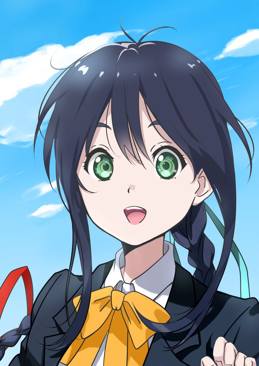 1girl 22/7 :d black_hair black_jacket blue_sky bow braid braided_ponytail collared_shirt green_eyes green_ribbon hair_between_eyes hair_ribbon highres jacket long_hair looking_at_viewer matsubokkurin227 open_mouth portrait red_ribbon ribbon shirt sidelocks sky smile solo teeth upper_teeth_only white_shirt yagami_toa yellow_bow