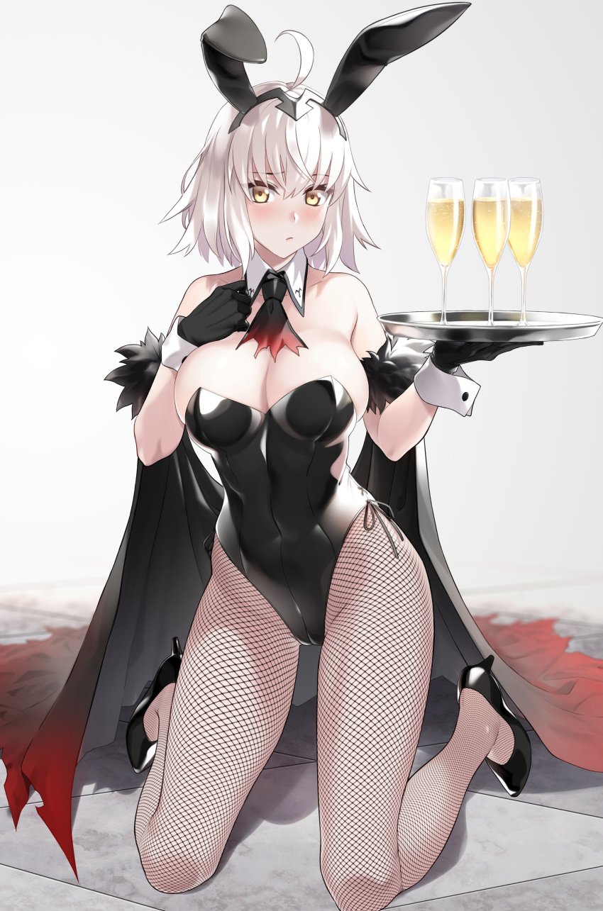 1girl absurdres ahoge alcohol animal_ears bare_shoulders black_gloves black_leotard black_shoes blush bow breasts champagne cleavage closed_mouth covered_navel cup detached_collar drinking_glass fake_animal_ears fate/grand_order fate_(series) fishnet_pantyhose fishnets gloves high_heels highres holding jeanne_d&#039;arc_(fate) jeanne_d&#039;arc_alter_(avenger)_(fate) jeanne_d&#039;arc_alter_(fate) kneeling large_breasts leotard long_hair looking_at_viewer narrow_waist pantyhose playboy_bunny prime_(prime_tw) rabbit_ears shoes side-tie_leotard silver_hair skindentation solo strapless strapless_leotard tray wrist_cuffs yellow_eyes