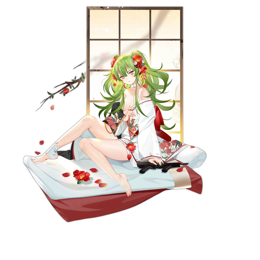 1girl animal_print bahao_diqiu bandaged_ankle bandaged_neck bandages barefoot blanket branch breasts butterfly_print calico_m950 calico_m950a cheek_pistol closed_mouth double-stack_magazine feet fingernails floral_print flower flower_request full_body futon girls&#039;_frontline green_hair gun hair_flower hair_ornament handgun helical_magazine high-capacity_magazine highres japanese_clothes kimono large_breasts legs light_frown long_hair looking_at_viewer m950a_(girls&#039;_frontline) m950a_(the_elegance_of_tea_is_undefeated_by_the_snow)_(girls&#039;_frontline) multiple_torii off_shoulder official_alternate_costume official_art pillow pistol shouji simple_background sitting sliding_doors solo submachine_gun toenails toes torii transparent_background twintails weapon weapon_on_floor white_kimono yellow_eyes