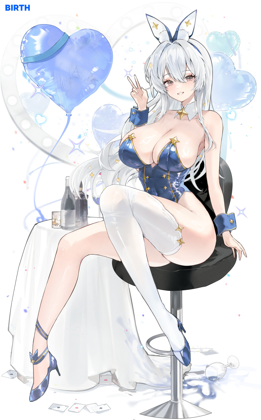 1girl absurdres animal_ears balloon bare_shoulders blue_leotard blue_shoes breasts brown_eyes chair cleavage commission covered_navel detached_collar fake_animal_ears full_body grin gurami_(zangizarang) hand_up heart_balloon high_heels highleg highleg_leotard highres large_breasts leotard long_hair looking_at_viewer original playboy_bunny rabbit_ears shoes single_bare_leg single_thighhigh sitting smile solo strapless strapless_leotard thighhighs thighs v white_hair white_thighhighs wrist_cuffs