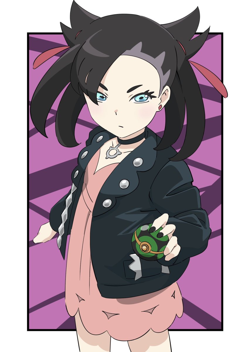 1girl asymmetrical_bangs black_choker black_hair black_jacket black_nails border choker closed_mouth commentary_request dress dusk_ball earrings green_eyes hair_ribbon highres holding holding_poke_ball jacket jewelry looking_at_viewer marnie_(pokemon) nail_polish nintendo open_clothes open_jacket pink_dress poke_ball pokemon pokemon_swsh purple_background red_ribbon ribbon solo white_border yusuke_oshida