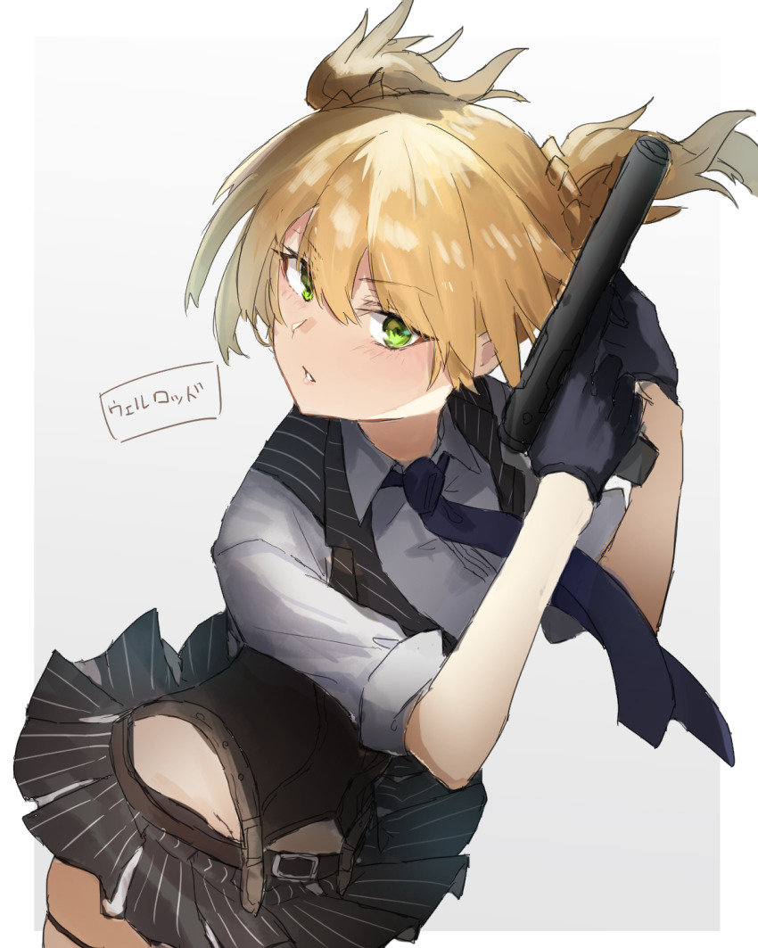 1girl black_necktie blonde_hair bolt_action collared_shirt cowboy_shot girls&#039;_frontline green_eyes gun handgun highres holding holding_gun holding_weapon horn/wood integral_suppressor integrally-suppressed_firearm looking_at_viewer necktie pinstripe_pattern pinstripe_skirt pinstripe_vest shirt short_hair simple_background skirt sleeves_rolled_up solo striped suppressor twintails vest weapon welrod welrod_mk_ii welrod_mkii_(girls&#039;_frontline) white_shirt