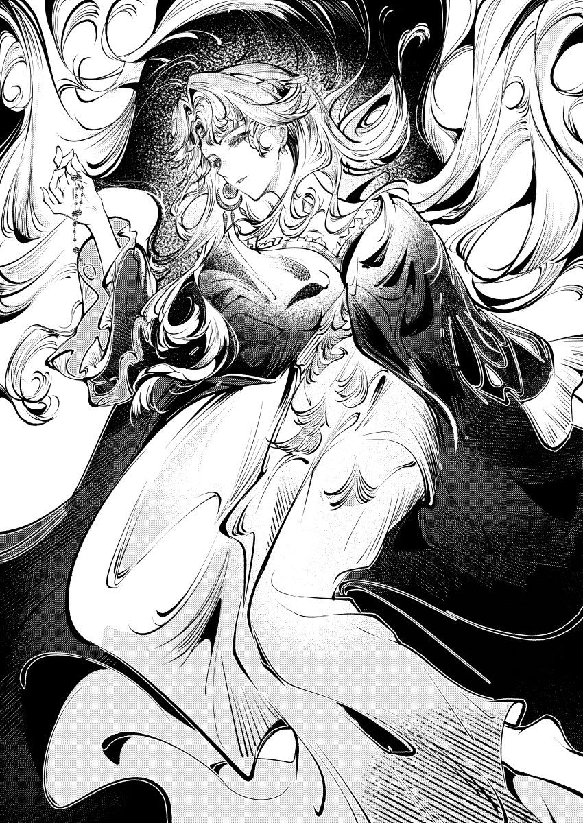 1girl absurdres barefoot beryl_bouanich black_background cloak dress feet_out_of_frame floating_hair greyscale hand_up highres long_dress long_hair looking_at_viewer mengyouyouyouyouyou monochrome parted_lips reverse:1999 solo very_long_hair