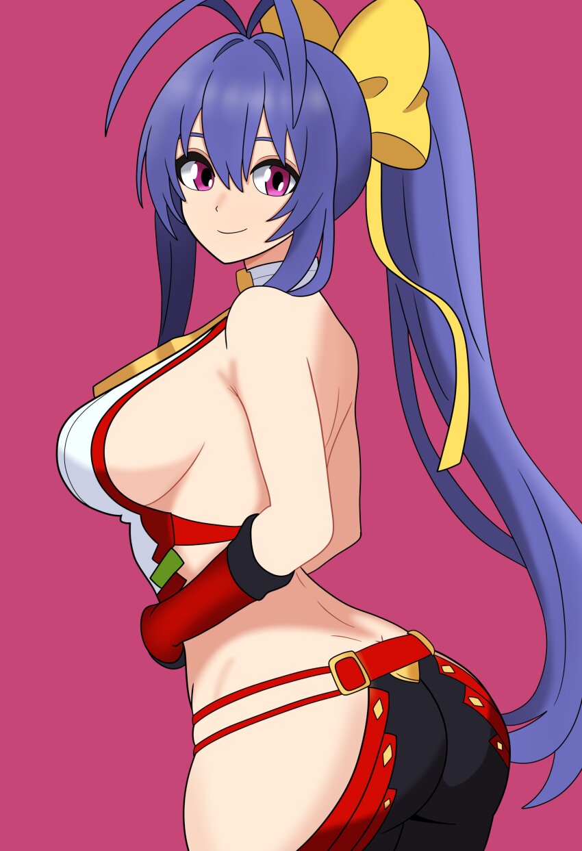 1girl absurdres antenna_hair ass backless_outfit bare_shoulders blazblue blazblue:_central_fiction blue_hair bojack198 bow breasts butt_crack fingerless_gloves gloves hair_bow hair_ribbon halterneck highres large_breasts long_hair looking_at_viewer mai_natsume pants ponytail purple_eyes revealing_clothes ribbon sideboob smile solo very_long_hair