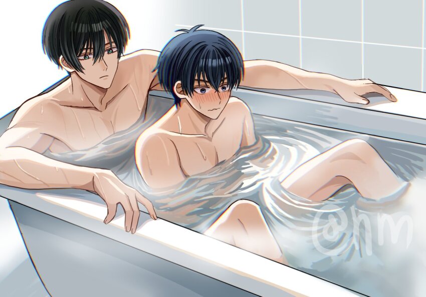 2boys aqua_eyes bath bathing black_hair blue_eyes blue_lock blush closed_mouth completely_nude hair_between_eyes hyohls2_(hamao3o) isagi_yoichi itoshi_rin male_focus multiple_boys nude same-sex_bathing shared_bathing short_hair yaoi