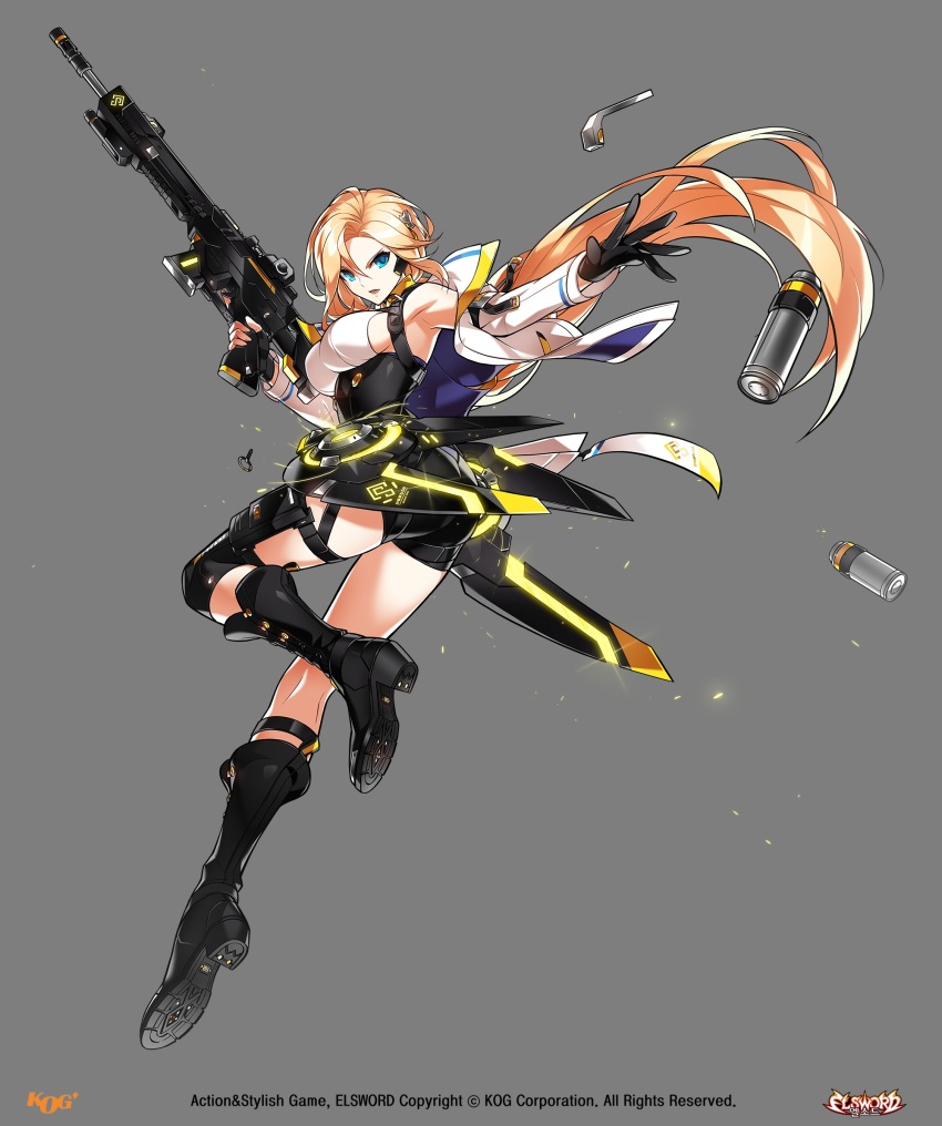 1girl armpits artist_request black_boots black_gloves black_shorts blonde_hair blue_eyes boots elsword fingerless_gloves full_body gloves gun highres holding holding_gun holding_weapon jacket knee_boots long_hair looking_at_viewer minerva_(elsword) official_art rose_(elsword) serious shorts solo weapon white_jacket