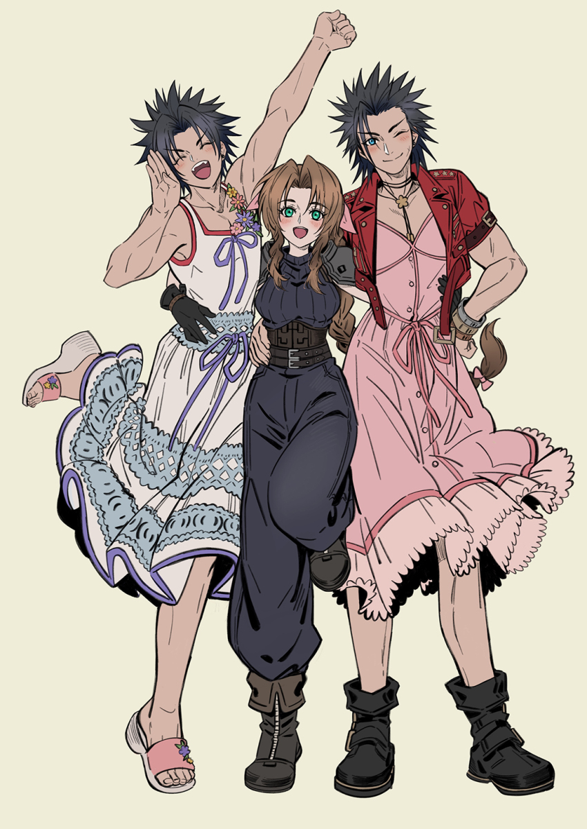 1girl 2boys aerith_gainsborough arm_up armor baggy_pants bangle bare_shoulders belt belt_buckle black_gloves black_hair blush boots bracelet braid braided_ponytail brown_hair buckle choker closed_eyes collarbone commentary_request cosplay crisis_core_final_fantasy_vii crossdressing dress dress_flower drill_hair drill_sidelocks dual_persona facing_viewer final_fantasy final_fantasy_vii final_fantasy_vii_rebirth final_fantasy_vii_remake flower full_body gloves hair_ribbon hair_slicked_back hand_on_another&#039;s_hip hand_on_another&#039;s_waist height_difference highres huosheanng jacket jewelry long_hair looking_at_viewer multiple_belts multiple_boys one_eye_closed open_clothes open_jacket open_mouth pants parted_bangs pink_dress pink_ribbon red_jacket ribbed_sweater ribbon sandals short_hair shoulder_armor sidelocks simple_background sleeveless sleeveless_turtleneck smile spiked_hair standing standing_on_one_leg sweater toned toned_male turtleneck turtleneck_sweater white_dress zack_fair zack_fair_(cosplay)