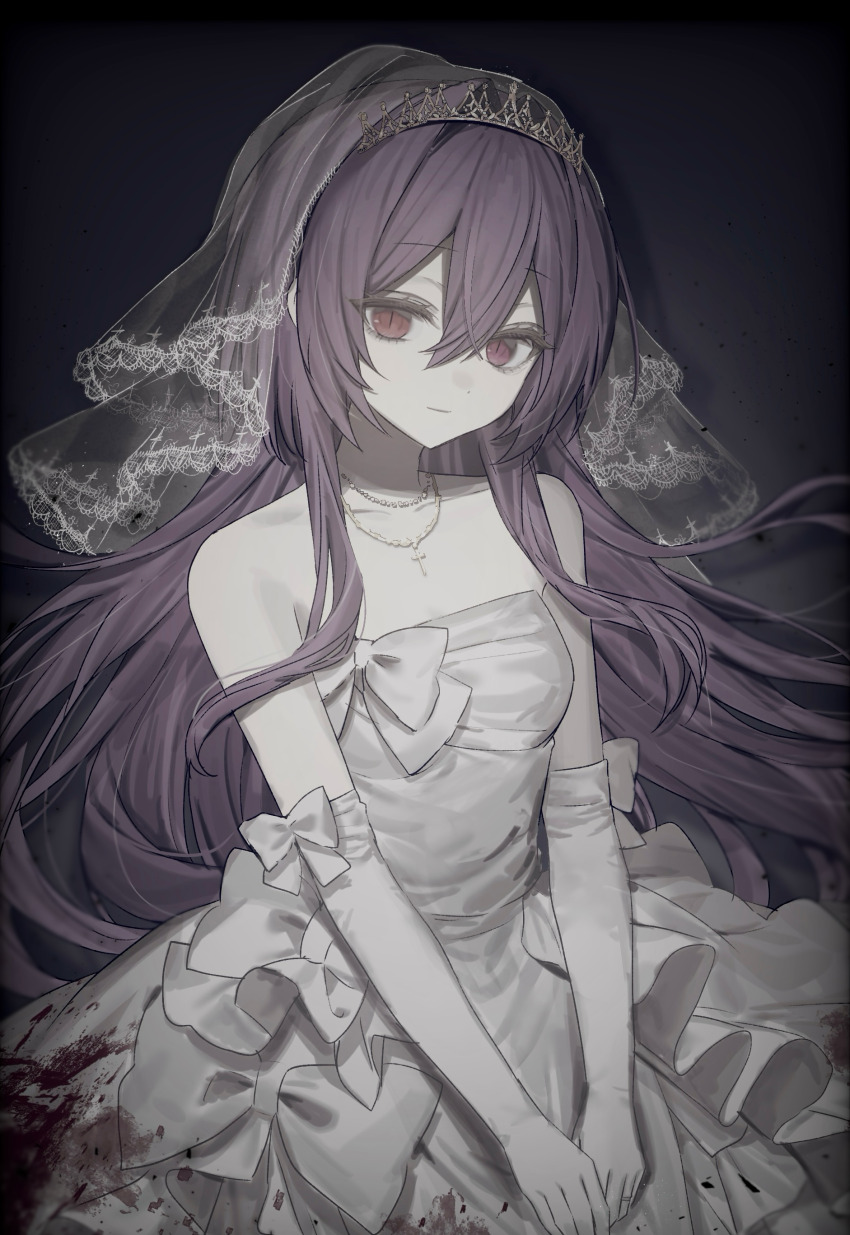 1girl absurdres bare_shoulders black_background blood blood_on_clothes bow bridal_veil bride closed_mouth collarbone commentary cross cross_necklace dress elbow_gloves english_commentary gloves highres hinomiya_shiyou_(ly05yy) jewelry long_hair looking_at_viewer necklace original purple_hair red_eyes solo strapless strapless_dress tiara upper_body veil very_long_hair wedding_dress white_bow white_dress white_gloves