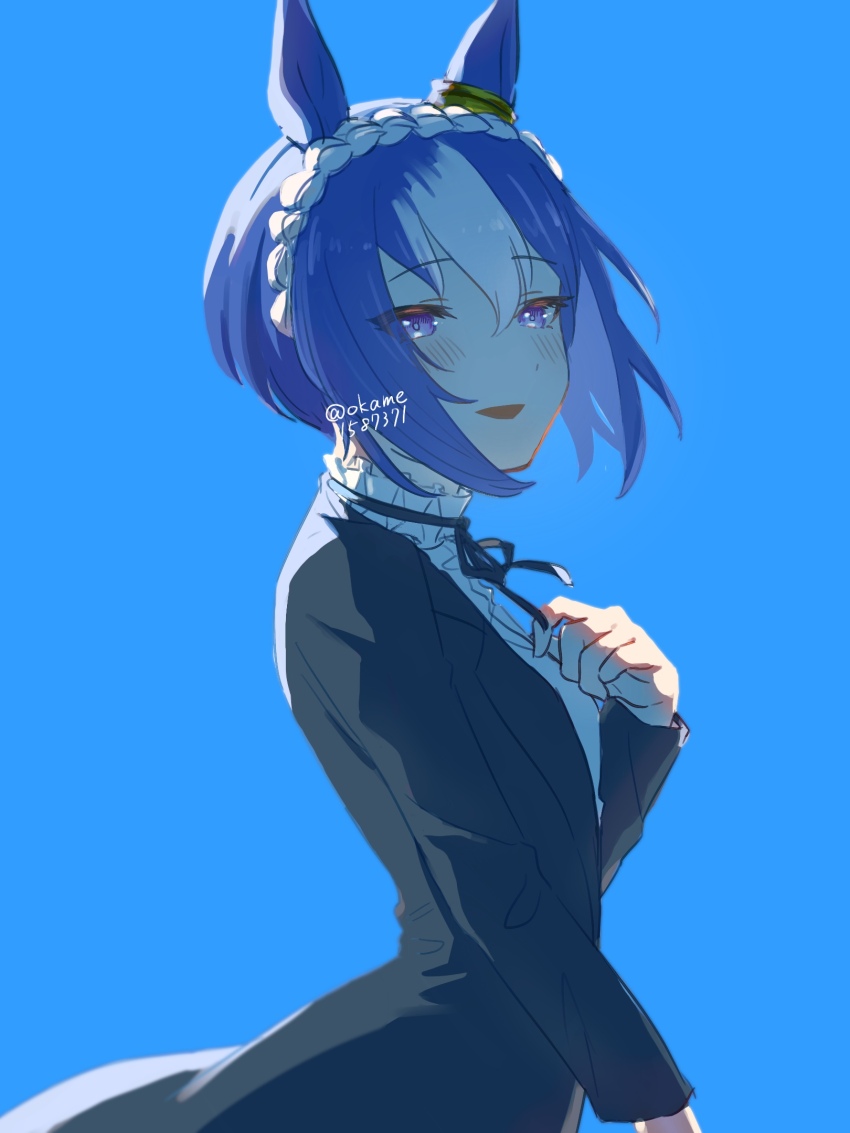 1girl animal_ears black_jacket blue_hair blurry blurry_background blush braid bukeo cesario_(umamusume) crown_braid ear_ornament floating_hair hand_up highres horse_ears jacket long_sleeves looking_at_viewer looking_to_the_side multicolored_hair neck_ribbon purple_eyes ribbon short_hair simple_background smile solo streaked_hair twitter_username umamusume upper_body
