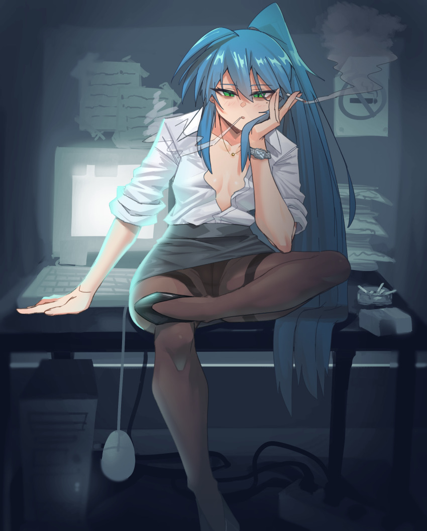absurdres ashtray backlighting black_shoes black_skirt black_straps blue_hair breasts breasts_apart brown_pantyhose cigarette commentary computer_keyboard computer_mouse dangling desk english_commentary green_eyes hair_between_eyes hand_on_own_cheek hand_on_own_face hand_on_table high_ponytail highres holding holding_cigarette indoors izumi_konata jewelry konaloid leg_up long_hair long_sleeves lucky_star medium_breasts monitor necklace no_smoking office_lady on_desk pantyhose papers partially_unbuttoned pencil_skirt ponytail shirt shoes sitting skirt sleeves_rolled_up smoke smoke_trail smoking thigh_strap very_long_hair white_shirt