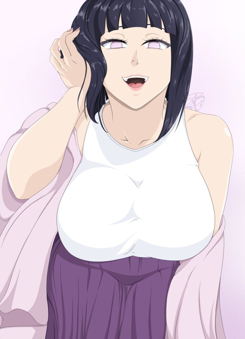 1girl alphadeltaart boruto:_naruto_next_generations breasts byakugan highres hyuuga_hinata large_breasts leaning_forward mature_female medium_hair naruto_(series) open_mouth pale_skin purple_skirt shirt skirt sleeveless sleeveless_shirt smile solo solo_focus teeth tongue upper_teeth_only uzumaki_hinata white_shirt