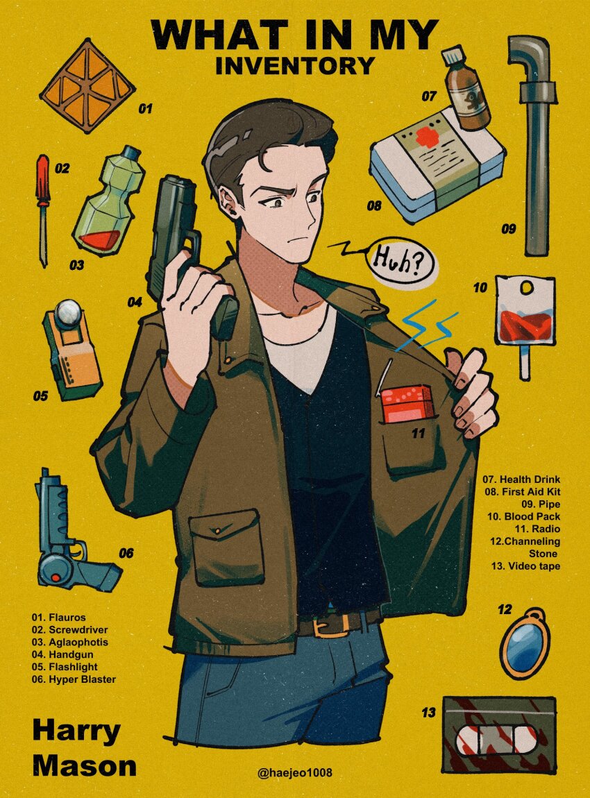 1boy artist_name black_shirt brown_hair gun haejeo1008 handgun harry_mason highres holding holding_gun holding_weapon jacket lead_pipe male_focus open_clothes open_jacket screwdriver shirt signature silent_hill_(series) silent_hill_1 twitter_username weapon