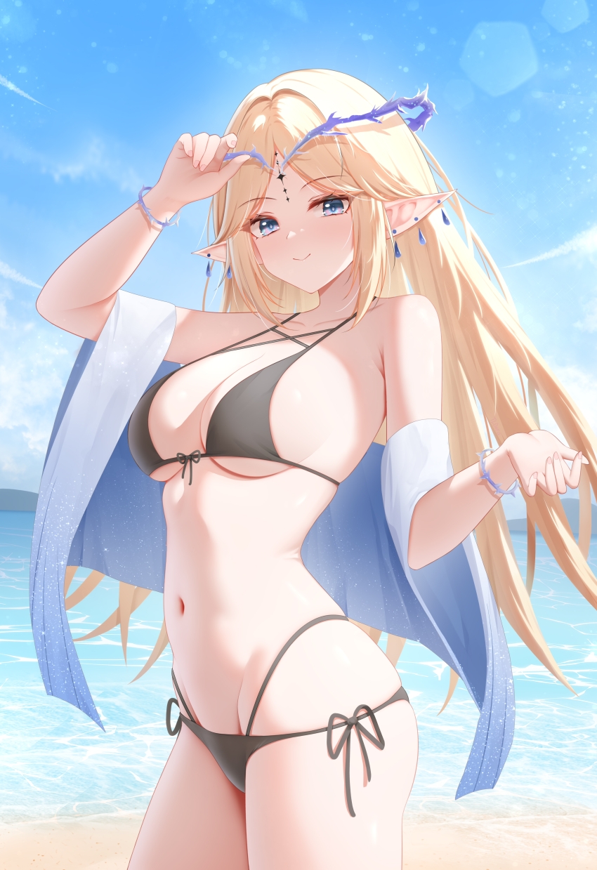 1girl absurdres beach bikini black_bikini blonde_hair blue_eyes blue_sky breasts cartethyia_(wuthering_waves) cleavage cowboy_shot crown_of_thorns doraski earrings groin halterneck highres jewelry large_breasts long_hair looking_at_viewer missing_commentary multi-strapped_bikini_bottom navel ocean outdoors pointy_ears sand side-tie_bikini_bottom sky smile solo string_bikini swimsuit tacet_mark_(wuthering_waves) wuthering_waves