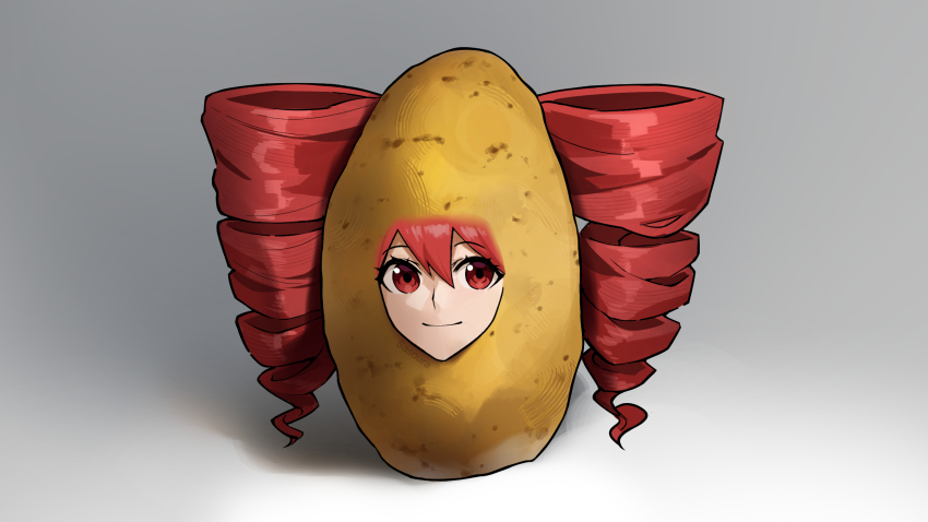 artist_name closed_mouth commentary drill_hair english_commentary food food_focus full_body grey_background highres kasane_teto looking_at_viewer nameplay no_humans potato pun red_eyes red_hair sasoura simple_background solo utau watermark