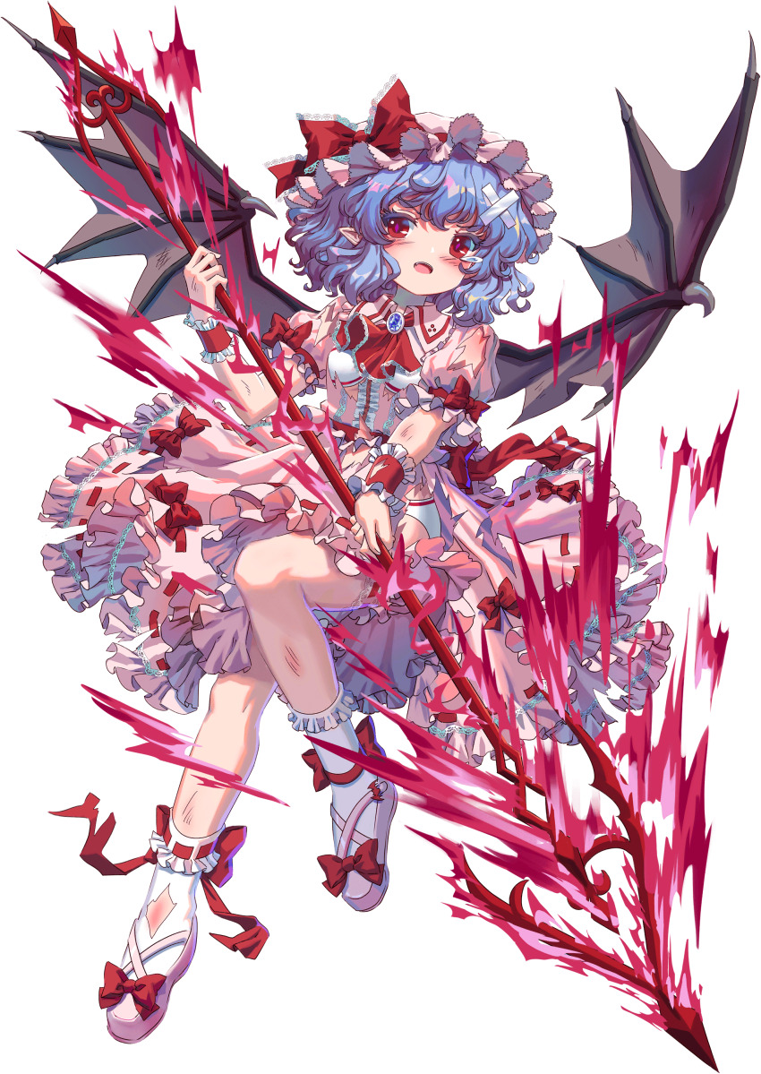 1girl absurdres ankle_ribbon ascot bat_wings blue_gemstone blue_hair bra center_frills cross-laced_footwear crossed_bandaids dress fangs footwear_ribbon frilled_dress frilled_wrist_cuffs frills full_body game_cg gem hat highres holding holding_polearm holding_weapon injury kumio leg_ribbon mob_cap non-web_source panties pink_dress pink_hat pink_shoes pink_sleeves pointy_ears polearm puffy_short_sleeves puffy_sleeves red_ascot red_eyes red_ribbon red_wrist_cuffs remilia_scarlet ribbon shoes short_hair short_sleeves socks solo spear_the_gungnir tachi-e teardrop torn_clothes torn_dress torn_socks touhou touhou_blooming_chaos underwear weapon white_bra white_panties white_socks wings wrist_cuffs