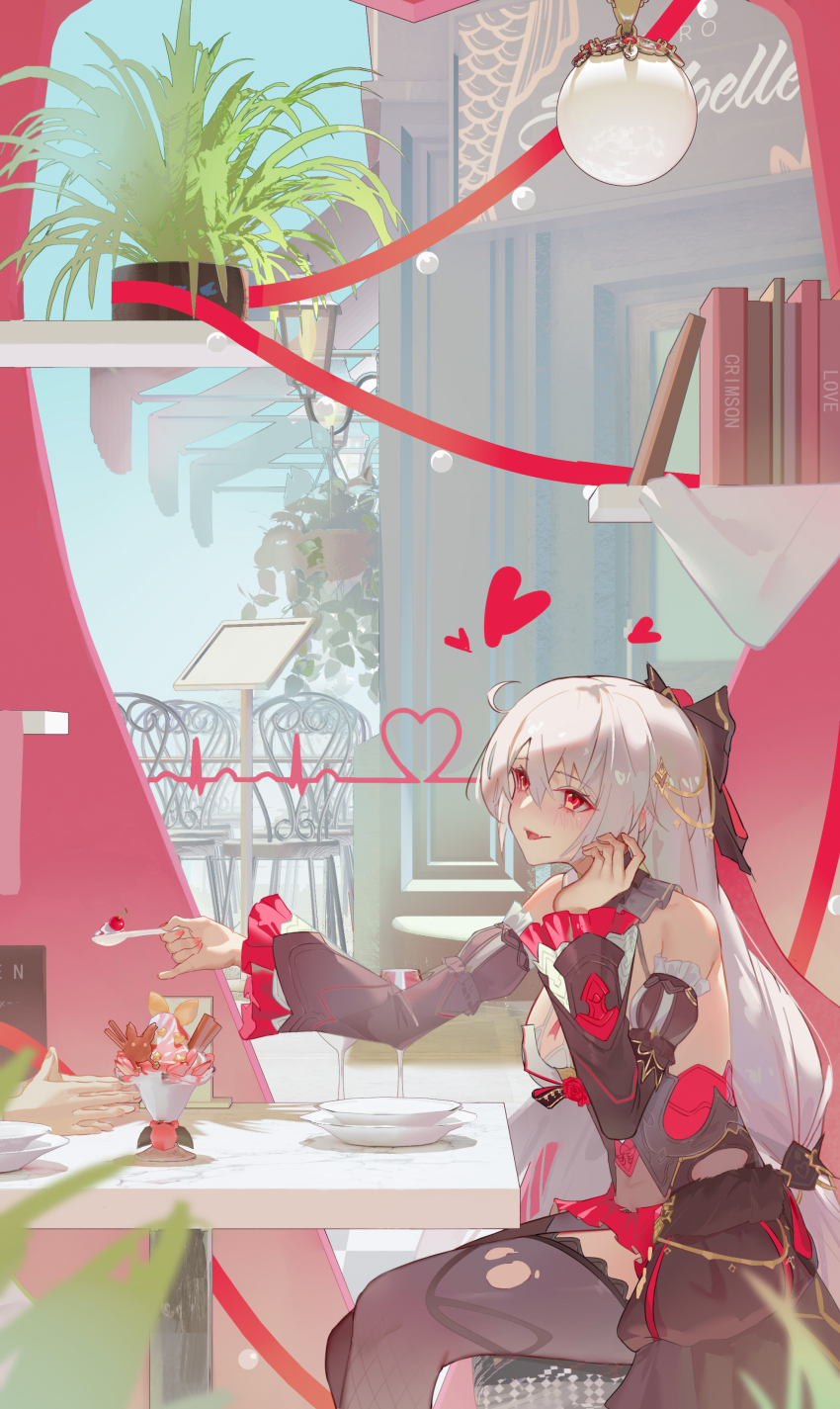 1girl 1other absurdres bare_shoulders black_bow black_collar black_dress black_sleeves black_thighhighs blush book bookshelf bow breasts cafe captain_(honkai_impact) cherry chinese_commentary cleavage collar comet-c commentary_request cup detached_sleeves dress drinking_glass ear_blush feeding feet_out_of_frame food fruit hair_between_eyes hair_bow hand_on_own_head heart highres holding holding_spoon honkai_(series) honkai_impact_3rd ice_cream indoors large_breasts layered_dress layered_sleeves light_blush long_hair looking_at_another low-tied_long_hair nail_polish open_mouth own_hands_together plant plate potted_plant red_eyes red_nails red_skirt red_trim sidelocks sitting skirt spoon sundae theresa_apocalypse theresa_apocalypse_(luna_kindred) theresa_apocalypse_(lunar_vow:_crimson_love) thighhighs thighs torn_clothes torn_thighhighs very_long_hair white_hair white_trim wine_glass