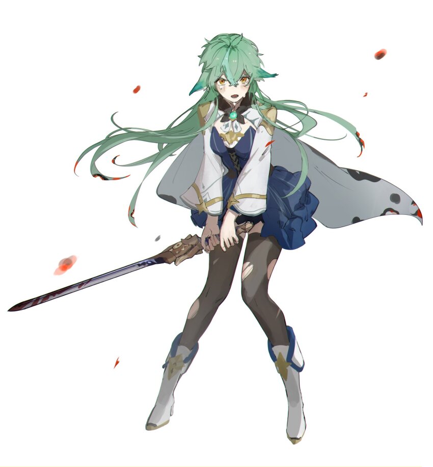 1girl aji_11300913 animal_ears cape cinnabar_spindle_(genshin_impact) genshin_impact green_hair hair_down highres pantyhose sucrose_(genshin_impact) tears torn_clothes torn_pantyhose vision_(genshin_impact) yellow_eyes