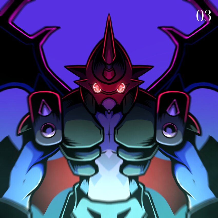armor blue_background blue_skin colored_skin danzart_24 digimon digimon_(creature) dragon gradient_background green_armor green_vest highres multiple_wings paildramon red_eyes shoulder_spikes simple_background solo spikes upper_body vest wings
