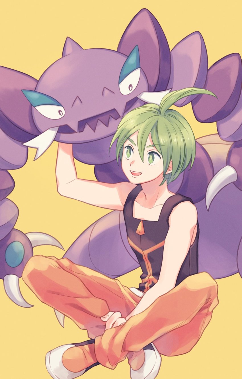 1boy aaron_(pokemon) ahoge arm_up bare_arms bare_shoulders child collarbone commentary_request drapion elite_four gen_4_pokemon green_eyes green_hair hair_between_eyes highres indian_style komasawa_(fmn-ppp) male_focus nintendo open_mouth orange_pants pants pokemon pokemon_(creature) pokemon_dppt shirt shoes simple_background sitting sleeveless sleeveless_shirt smile tank_top teeth white_footwear yellow_background zipper zipper_pull_tab