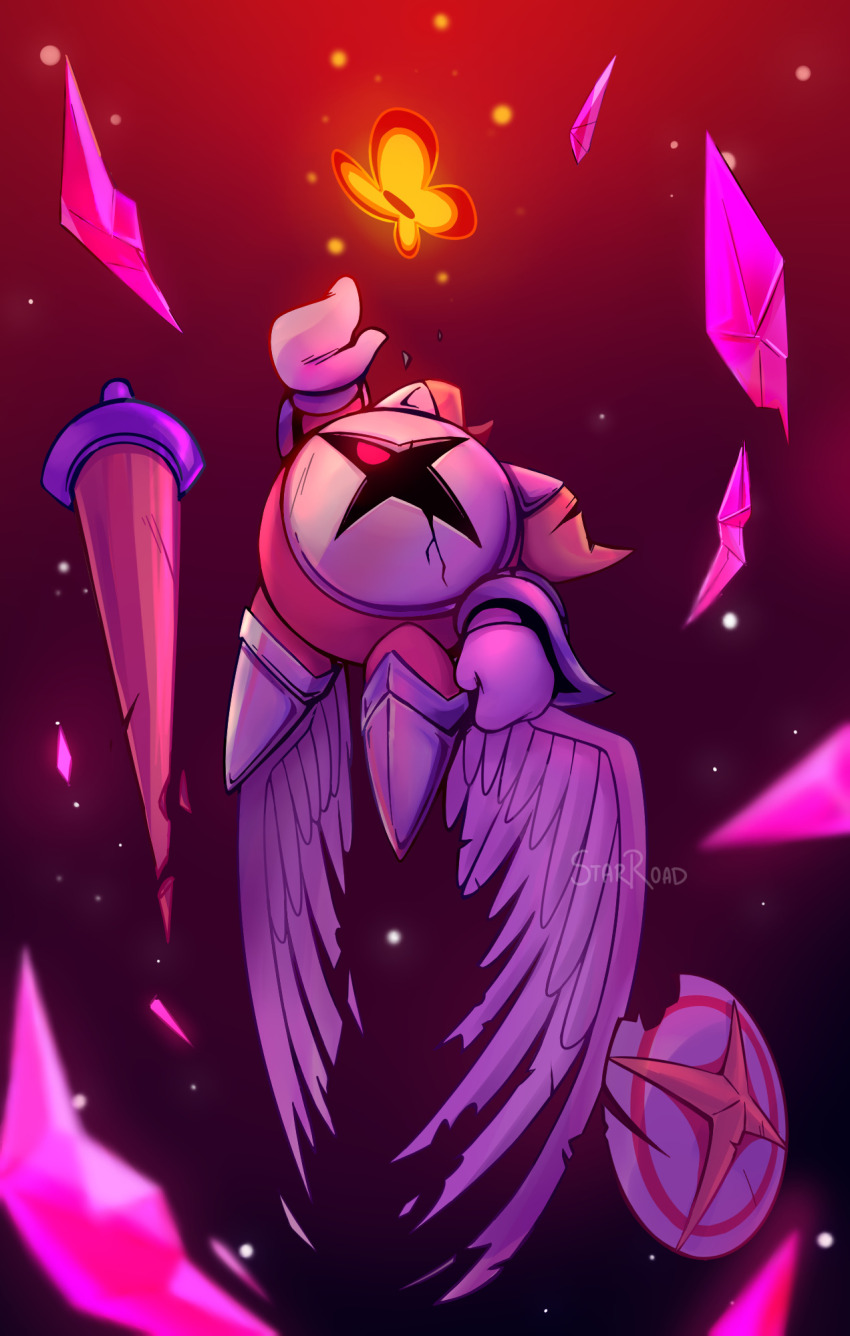 armor broken_mask bug butterfly butterfly_wings galacta_knight gloves highres horns insect insect_wings kirby_star_allies kirby_(series) lance mask morpho_knight morpho_knight_(butterfly) nintendo no_humans pauldrons polearm red_eyes shield shoulder_armor signature starroad weapon white_gloves wings