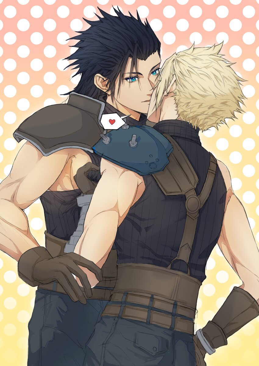 2boys absurdres aqua_eyes armor belt black_hair blonde_hair blue_shirt brown_belt brown_gloves cloud_strife cowboy_shot final_fantasy final_fantasy_vii final_fantasy_vii_remake gloves grey_pants hair_slicked_back heart highres kiss looking_at_another male_focus messa_mo multiple_belts multiple_boys pants parted_lips polka_dot polka_dot_background shirt shoulder_armor sideburns single_bare_shoulder single_shoulder_pad sleeveless sleeveless_turtleneck spiked_hair spoken_heart suspenders turtleneck yaoi zack_fair
